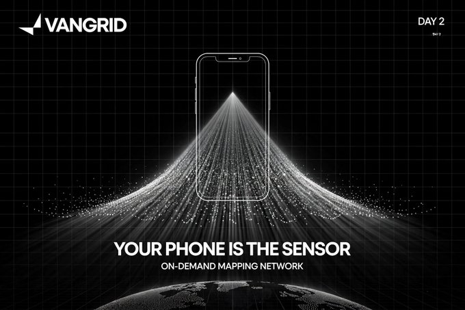 A dark promotional graphic for 'VANGRID' with the tagline 'YOUR PHONE IS THE SENSOR' and 'ON-DEMAND MAPPING NETWORK', depicting a smartphone emitting sensor beams over Earth.