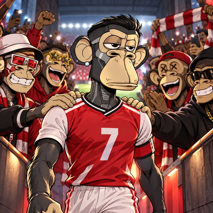 An AI-generated cartoon image of a robotic monkey wearing a red and white soccer jersey with the number 7, surrounded by enthusiastic cartoon monkey fans in a stadium setting.