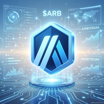 A stylized 3D graphic of the Arbitrum (ARB) cryptocurrency logo on a glowing blue platform with circuit board patterns and 'ARB' text in the background.