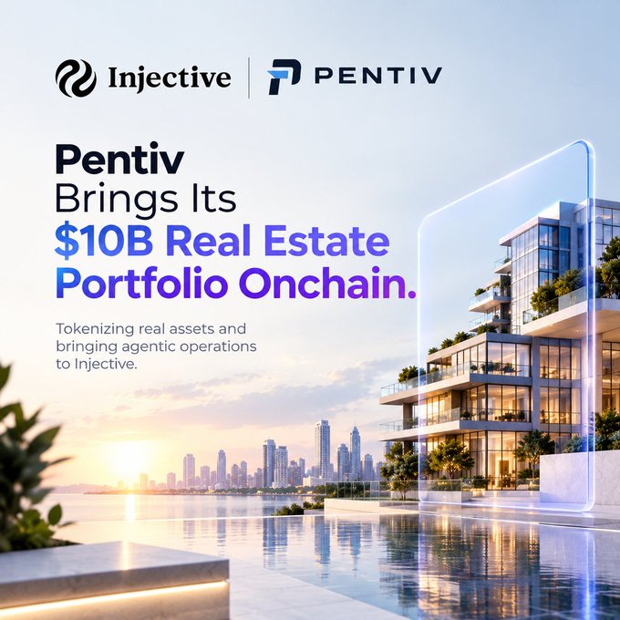 A promotional graphic for Injective and Pentiv announcing 'Pentiv Brings Its $10B Real Estate Portfolio Onchain,' showing a modern glass building and waterfront city skyline.