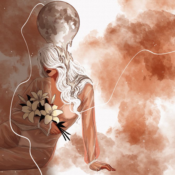 A woman with flowing white hair and a moon for a head cradles a bouquet of lilies against a warm, sepia-toned cloudy backdrop, evoking dreamlike melancholy that visually echoes the post's invitation to become an early art collector on Ethereum.