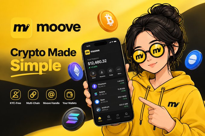Advertisement for 'moove' crypto app featuring an illustrated woman in yellow hoodie and branded sunglasses holding a phone showing a $12,480.32 portfolio balance, with the tagline 'Crypto Made Simple'.