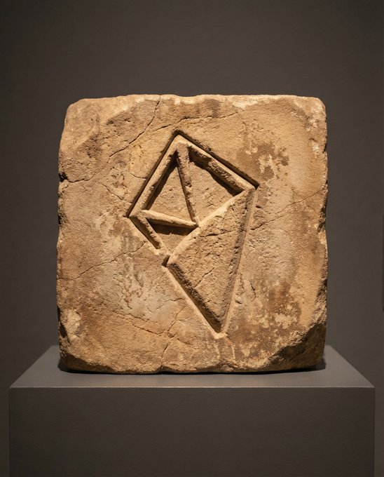 A carved stone block with geometric shapes (a kite/rhombus with an inscribed triangle) displayed on a pedestal in a museum.