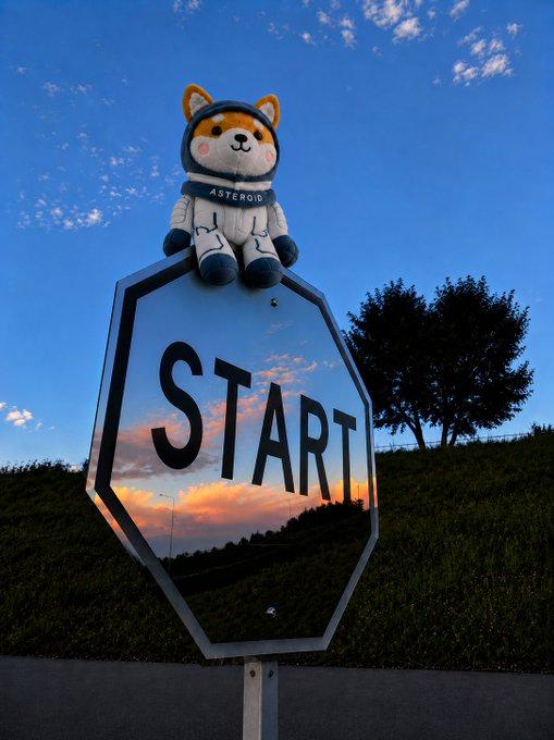 A plush Shiba Inu dog dressed as an astronaut with "ASTEROID" written on its chest sits atop an octagonal "START" sign against a sunset sky.