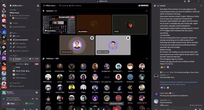 Screenshot of a Discord server called 'Build on Arc' showing 'Office Hours' voice channels with speakers Soulshubhn and FrieZz, an audience of 228, and a discussion in the chat about JAAA endpoints and trading.
