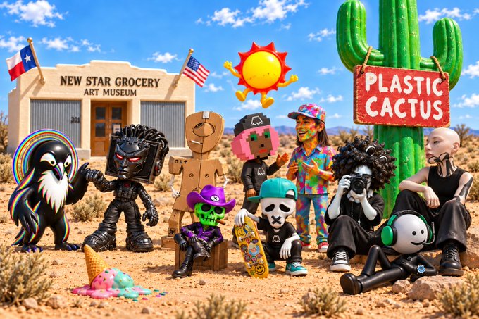 A whimsical desert scene featuring various figurines and toys gathered near a building labeled 'NEW STAR GROCERY ART MUSEEN', a large cactus with a 'PLASTIC CACTUS' sign, and a Texas flag.