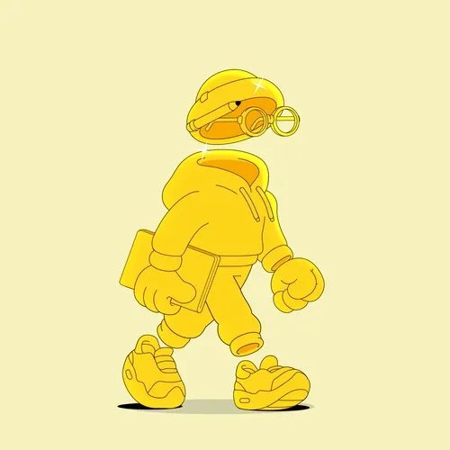 An illustration of a yellow robotic or mechanical character wearing a cap with a star, headphones, sneakers, and holding what appears to be a book or device.