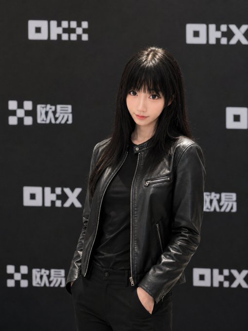 A young woman with long black hair and bangs poses in front of a black backdrop featuring repeated 'OKX' and '欧易' logos, wearing a black leather jacket and dark pants.