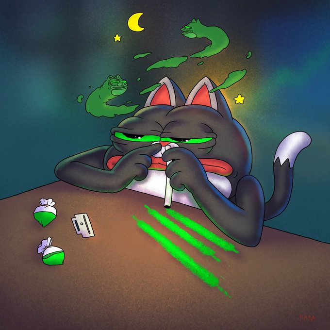 An illustration of a cartoon cat character slumped over a table, appearing intoxicated with green drool and green smoke, surrounded by broken green bottles and a bottle cap, signed "PAXA" in the corner.