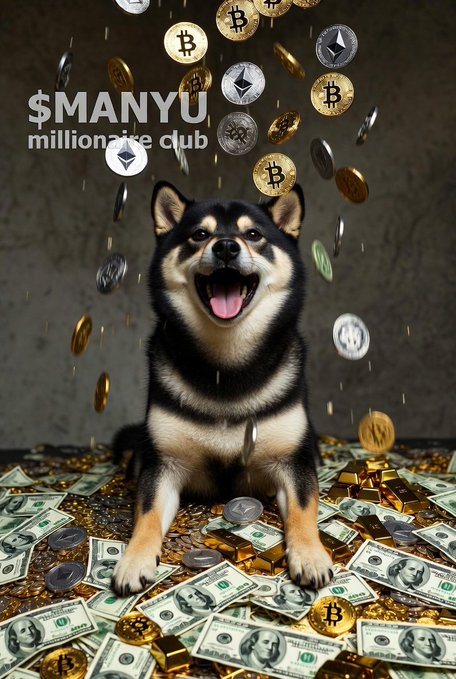 A smiling Shiba Inu dog surrounded by falling Bitcoin, Ethereum, and gold coins, sitting on a pile of cash, with text '$MANYU millionaire club'.