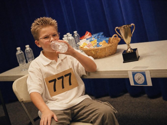 A young boy wearing glasses and a '777' contestant bib drinks from a water bottle at what appears to be a spelling bee, with a trophy visible on the table.