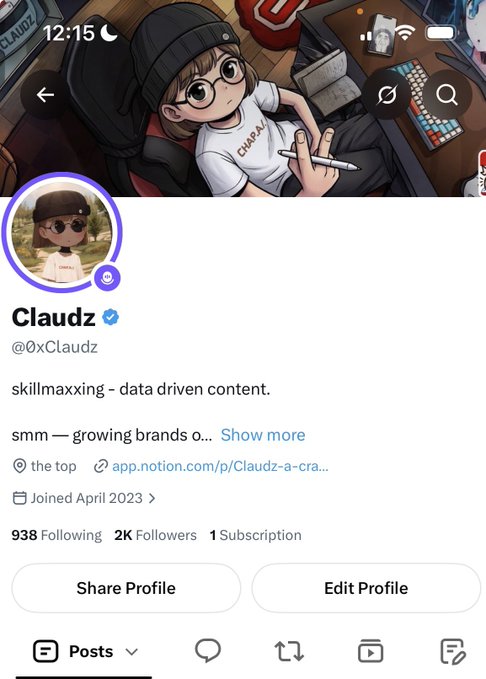 A screenshot of a Twitter/X profile for 'Claudz' (@0xClaudz) featuring an animated illustration as the banner, describing the user as focused on 'skillmaxxing - data driven content' with 938 Following and 2K Followers.