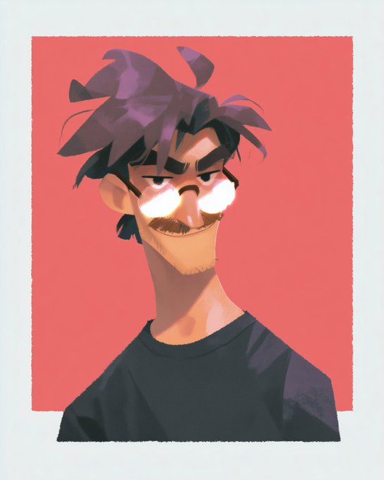 A stylized illustration of a young man with messy dark purple-tinged hair, a mustache, and an elongated neck, set against a coral-red background. The artwork reflects the cartoonish, exaggerated aesthetic typically associated with the --profile qilq22f style filter.