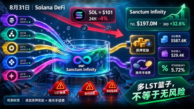 A Solana DeFi promotional graphic for 'Sanctum Infinity' dated August 31, showing SOL at ~$101, TVL $197.0M, and APY 5.72%.