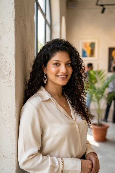 Portrait of a smiling woman with long curly dark hair wearing a cream-colored blouse, leaning against a wall in what appears to be a modern interior with artwork and a potted plant in the background.