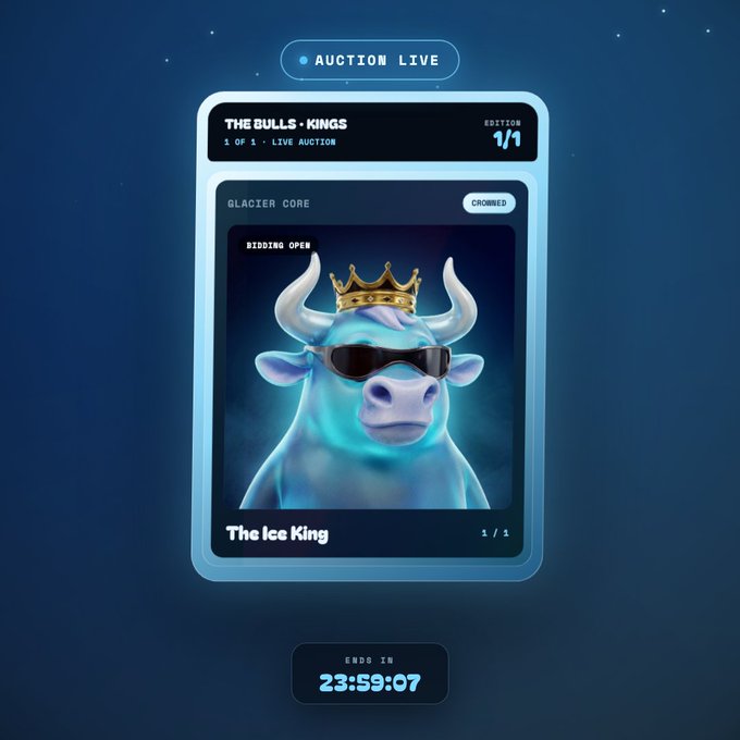 A live auction card displays "THE BULLS · KINGS" 1/1 Edition NFT "The Ice King" with "BIDDING OPEN" status, a "CROWNED" tag, and a countdown timer showing 23:59:07 remaining, illustrating the active bidding war referenced in the post about the third 1/1 Bullpen NFT piece and ANSEM's ecosystem.