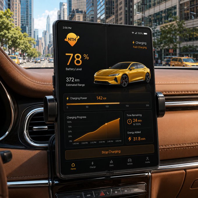 A car's central infotainment screen displays an EV charging interface showing 78% battery level, 372 km estimated range, 142 kW charging power, and a 24-minute time remaining to 100%, with a yellow sports car graphic.