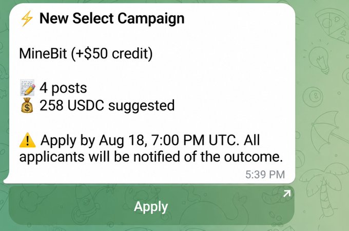 A mobile notification card titled 'New Select Campaign' for 'MineBit (+$50 credit)' showing '4 posts' and '258 USDC suggested', with an application deadline of Aug 18, 7:00 PM UTC and an 'Apply' button.