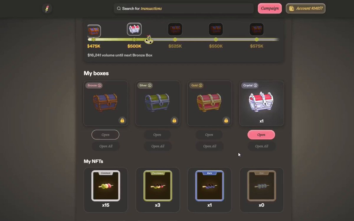 The image features a screenshot of a Dango site where a user has the opportunity to view and click on different boxes containing various items, possibly treasures or other digital content. One of the boxes stands out as it contains a small gold box with its lid open, ready for viewing. The post displays a message about the excitement of opening these treasure boxes, stating that the viewer is "got my first Epic NFT today". The context suggests the user has recently started participating in a trading activity or event related to the NFT market on this platform.
