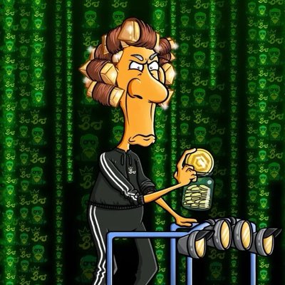A cartoon illustration shows a person with hair curlers wearing a black Adidas tracksuit operating a virtual Dogecoin mining machine.
