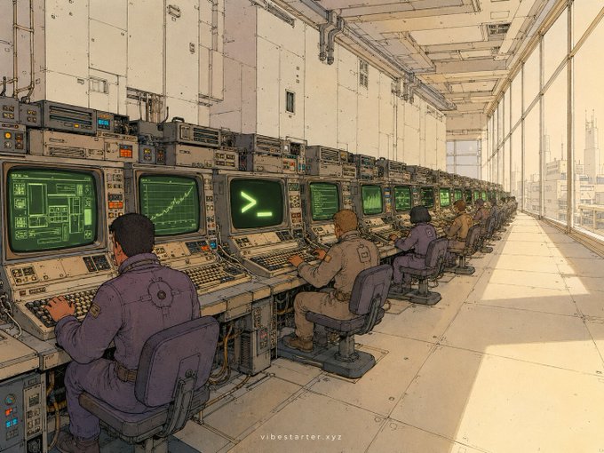 A row of operators sit at glowing green CRT terminals in a retro-futuristic control room, with one screen displaying a ">_" command prompt symbolizing coding and building. The watermark "vibestarter.xyz" and the prompt-style screen tie directly to the Vibeathon's call to action: "Now we build" at app.vibestarter.xyz/vibe.