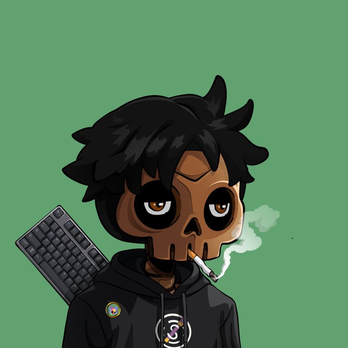 A cartoon-style digital illustration of a character wearing a brown skull mask, smoking a cigarette, and dressed in a black hoodie, with a keyboard slung over their shoulder against a green background.