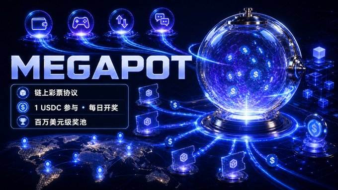 A promotional graphic for 'MEGAPOT' featuring a glowing blue sphere with dollar sign icons, highlighting features like '1 USDC participation • daily draws' and 'million-dollar prize pool' in Chinese.