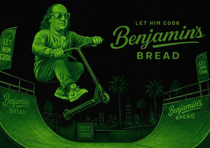 A green-tinted retro illustration features a man doing a scooter trick in a half-pipe, with text reading 'LET HIM COOK', 'Benjamin's BREAD', and 'FRESH DAILY LEGENDARY FOREVER'.