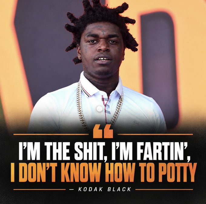 A quote graphic featuring a rapper with dreadlocks and the text: 'I'M THE SHIT, I'M FARTIN', I DON'T KNOW HOW TO POTTY — KODAK BLACK'.