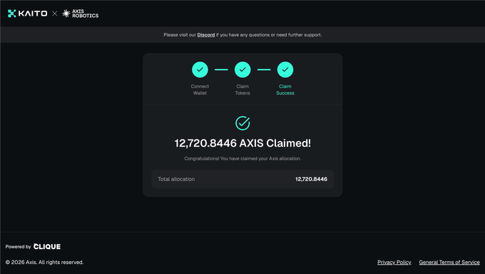 A dark Kaito Axios Robotics claim page shows a completed wallet-to-token process. The center reads “12,720.8446 AXIS Claimed!” and “Total allocation 12,720.8446,” with “Powered by CLIQUE” in the footer.