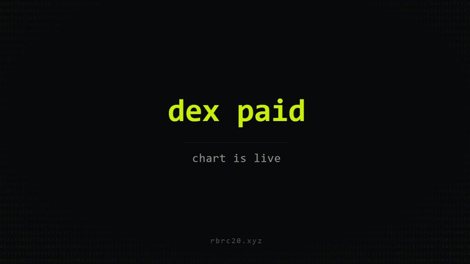 The image displays a dark-themed graphic with the text "dex paid" prominently in lime green, accompanied by "chart is live" below it and the URL "rbrc20.xyz" at the bottom. The minimalist design with a black background and subtle dotted pattern visually reinforces the "dexpaid" post by presenting a live chart status for the decentralized exchange platform.