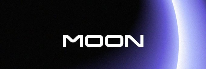 The image shows the word “MOON” in white against a dark, purple-lit background. It appears to promote Moon.com’s new trading platform, offering stocks, crypto, and commodities with long or short positions and up to 1000x leverage.