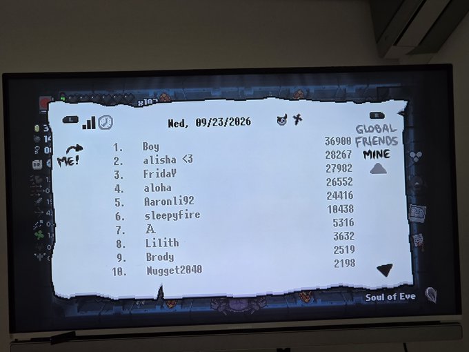 A television screen displays a "Med. 09/23/2026" leaderboard for "Soul of Eve," showing "Boy" at #1 with 36,908 points, followed by names like alisha <3, FridaW, and aloha, reflecting the poster's claim of being #1 on the Binding of Isaac leaderboard.