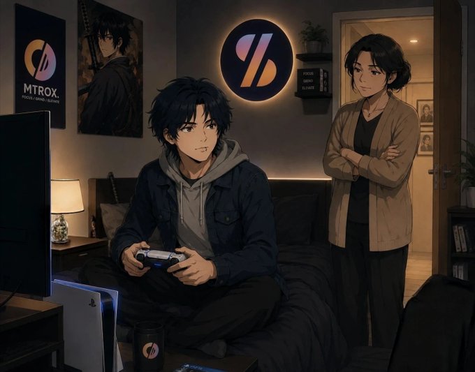An anime-style illustration of a young man gaming on a console while a woman stands behind him with crossed arms in a dimly lit room, with an 'MTROX' poster on the wall.