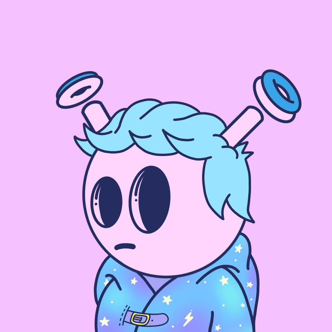 A cartoon character with pale pink skin, blue hair, and antennae with disc-like tips, wearing a blue star-patterned robe, gazes up with large sad eyes against a pink background. The whimsical creature illustrates the NFT artwork "Quirkie #4221" that just sold for 1.01 ETH ($2,440) on OpenSea, its melancholic expression fitting the pastel dreamy aesthetic of the collectible.
