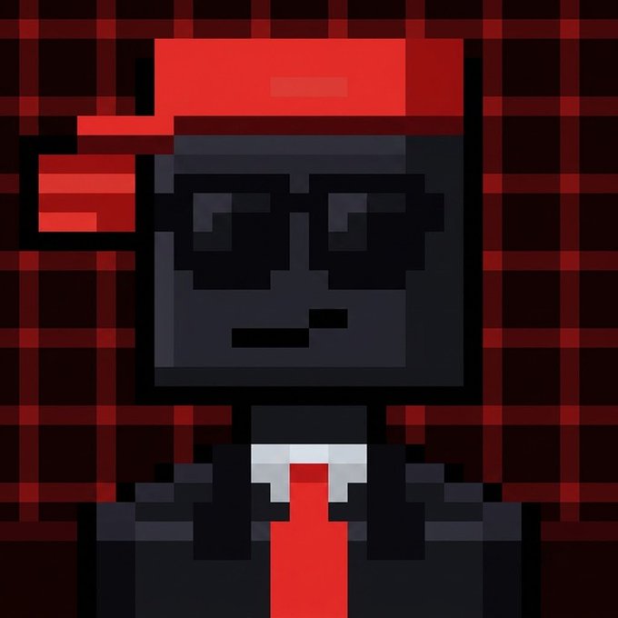 A pixel-art character with a black complexion, wearing black sunglasses, a red tie, and a red cap is depicted against a dark red and black plaid background. The image relates to the post's cryptocurrency-themed context, likely symbolizing a stylish or mysterious persona associated with the "First 100 Wallet" giveaway contest.