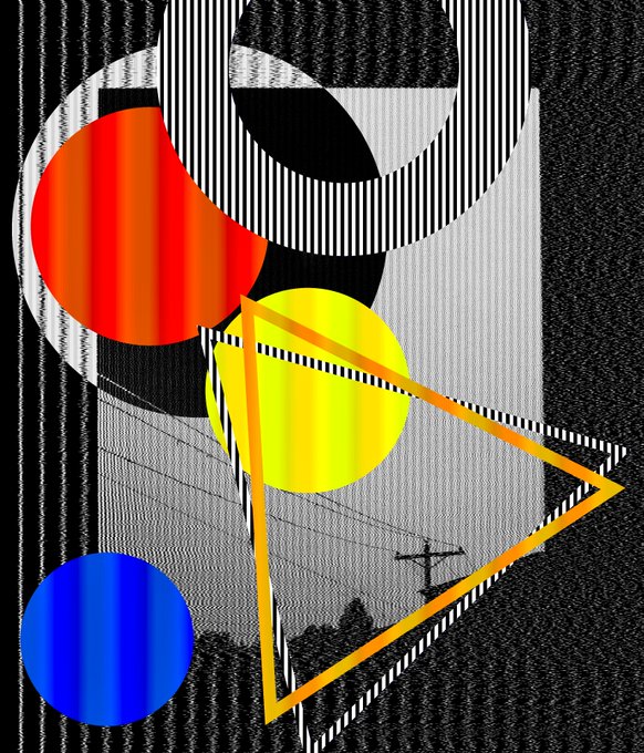 The image features a black and white photo of a sunset with three circles, two yellow triangles, and one blue circle. The sun is positioned behind the triangle, casting a warm glow over the scene. The text "Sunset last ed. x 5 tz objkt.com/tokens/KT1BPRa" appears in the image, which could be related to the post or the artist who created it.
