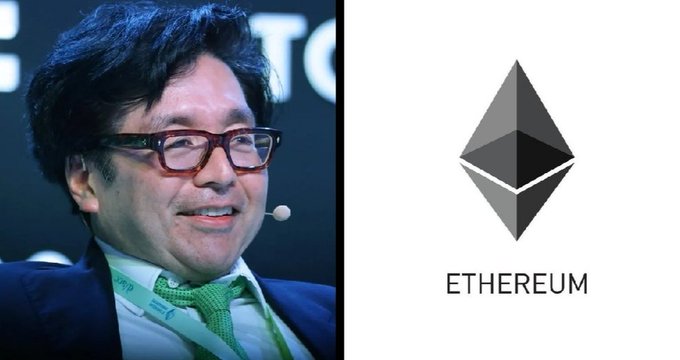 A split image shows Tom Lee on the left and the Ethereum logo with the text "ETHEREUM" on the right. This visually represents the text's claim about Tom Lee's Bitmine increasing its Ethereum holdings.