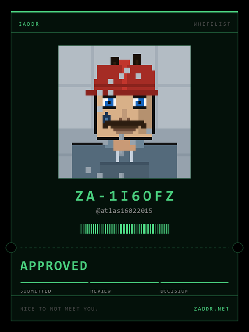 A green-themed digital card from 'ZADDR' features a pixelated mushroom character named 'ZA-1160FZ' with the username '@atlas16022015' and an 'APPROVED' status.