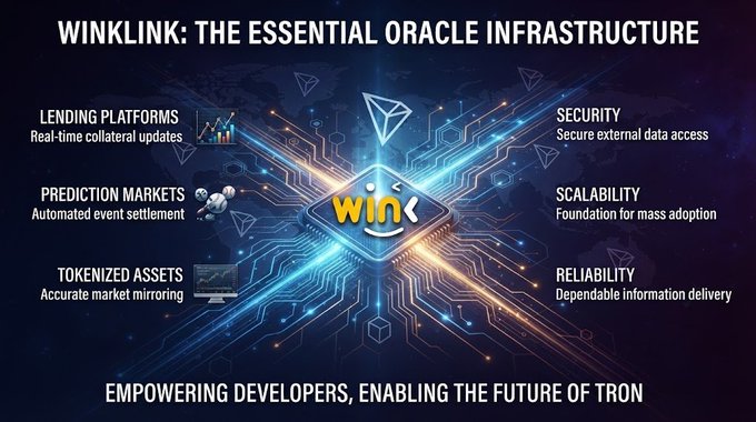 Promotional graphic titled 'WINKLINK: THE ESSENTIAL ORACLE INFRASTRUCTURE' highlighting features like lending platforms, prediction markets, tokenized assets, security, scalability, and reliability for TRON.
