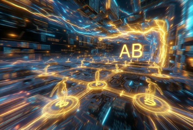 Futuristic cyberpunk-style digital illustration with glowing yellow lightning, holographic human figures on circular platforms, and the letters 'AB' prominently displayed in a high-tech digital environment.