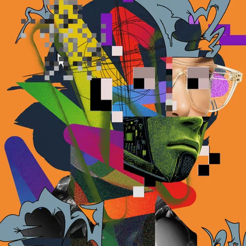The image features a digital art piece of a person wearing glasses, with an orange background that includes various shapes and colors such as squares, rectangles, and lines. The artwork has been sold for 0.075 ETH (US Dollars). The artist's name is not visible in the image but it can be inferred from the post description that R3ORDR #2651 has been sold for this amount of money.