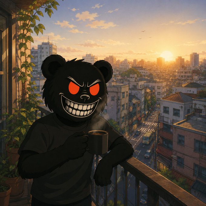 An anime-style image shows a menacing black bear character with glowing red eyes and a wide, toothy grin holding a mug on a balcony, overlooking a sprawling city at sunset.