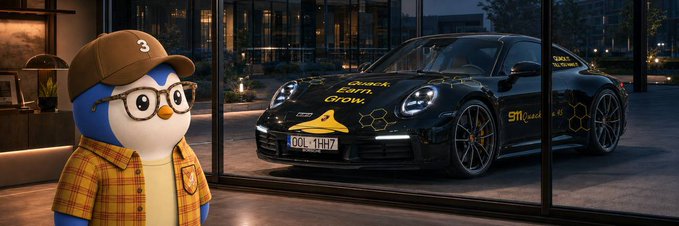 An animated penguin character wearing glasses, a yellow plaid shirt, and a brown cap with the number '3' stands inside looking out at a black Porsche with "Graphen. Earn. Grow." branding and license plate 'OOL TH17'.