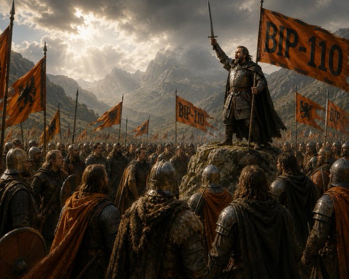 A medieval warrior king stands atop a rocky outcrop, sword raised triumphantly above an army of armored soldiers beneath orange banners emblazoned with "BIP-110," symbolizing the rallying of a decentralized force around a contentious Bitcoin Improvement Proposal. The epic, battle-ready imagery evokes the imminent public confrontation over whether Bitcoin remains a decentralized asset or is dominated by powerful mining interests and their handlers.