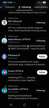 A mobile screenshot of Twitter/X shows a 'Following' list of crypto-related accounts, including 'NFT Johnny', 'Mabel Moyes', 'Ethereum', 'Excali', and 'Scrambler', all marked as following.