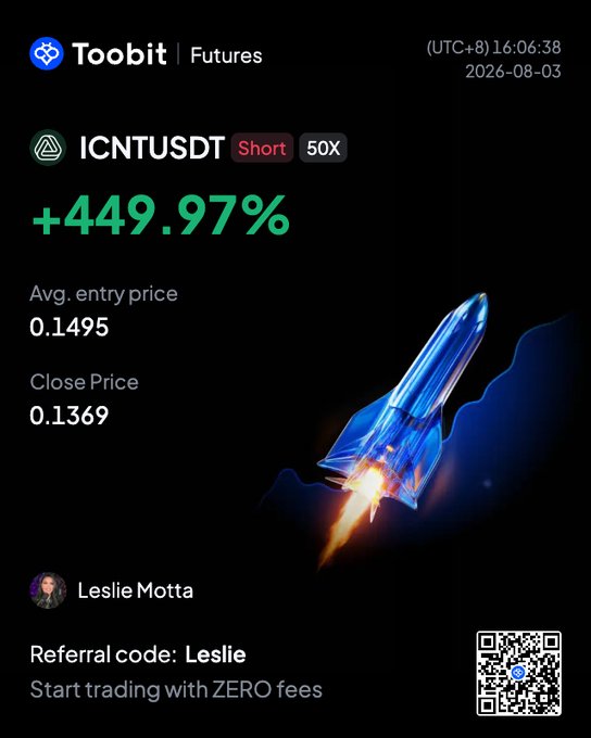 A Toobit Futures trading app screenshot showing a +449.97% gain on an ICNTUSDT short position with 50X leverage, with a referral code "Leslie" displayed.
