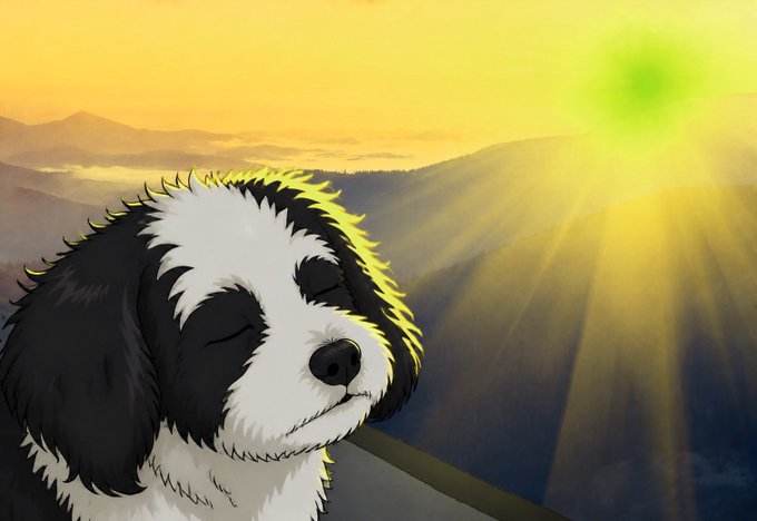 An illustrated black and white dog with closed eyes basks peacefully in golden sunrise rays over a mountain range, complementing the cheerful morning crypto greeting and the excitement about the $DOW NFT reveal.