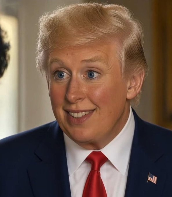 The image depicts a man with distinctive blonde hair wearing a dark navy suit, white shirt, red tie, and an American flag lapel pin, smiling with blue eyes. The accompanying text "$5000 Why would I deceive you? There's no reason for me to do that..." suggests a caption of a man attempting to convince the viewer of his trustworthiness, likely as part of a humorous or satirical post where his confident smile and formal attire contrast ironically with the untrustworthy promise being made.