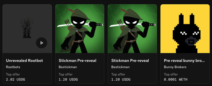 A digital marketplace displays four NFT listing cards: "Unrevealed Rootbot" (2.02 USDG), two "Stickman Pre-reveal" cards (1.20 USDG each), and a "Pre reveal bunny bro..." listing (0.0001 WETH). The image showcases the top offers for items from Rootbots, Bestickman, and Bunny Brokers, aligning with the post's promotion to mint from these three projects.